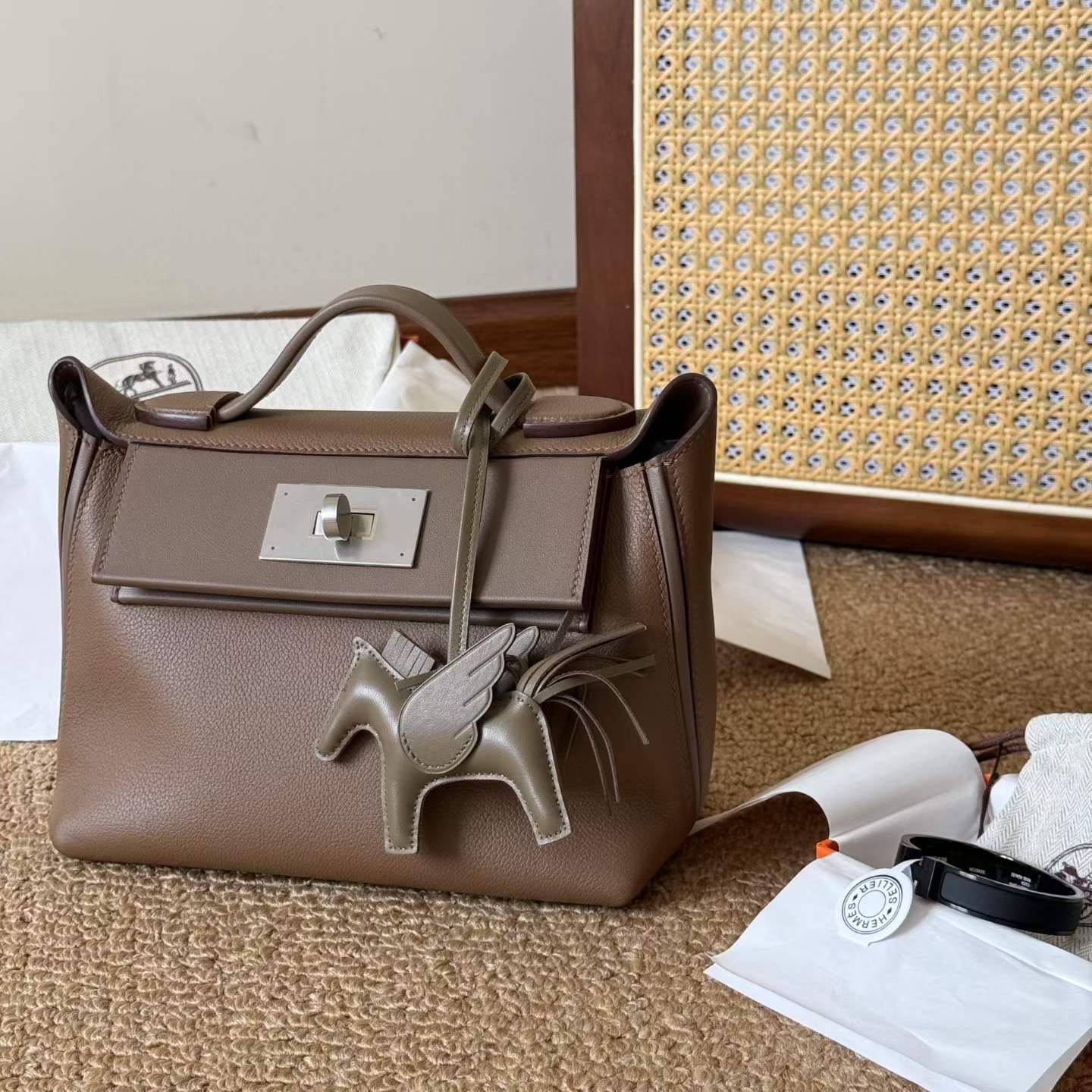 Hermès 24/24 Mini Etoupe Evercolor Swift Palladium Hardware