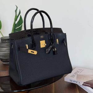 Hermès Birkin 25 Black Touch Shiny Crocodile Togo Palladium Hardware