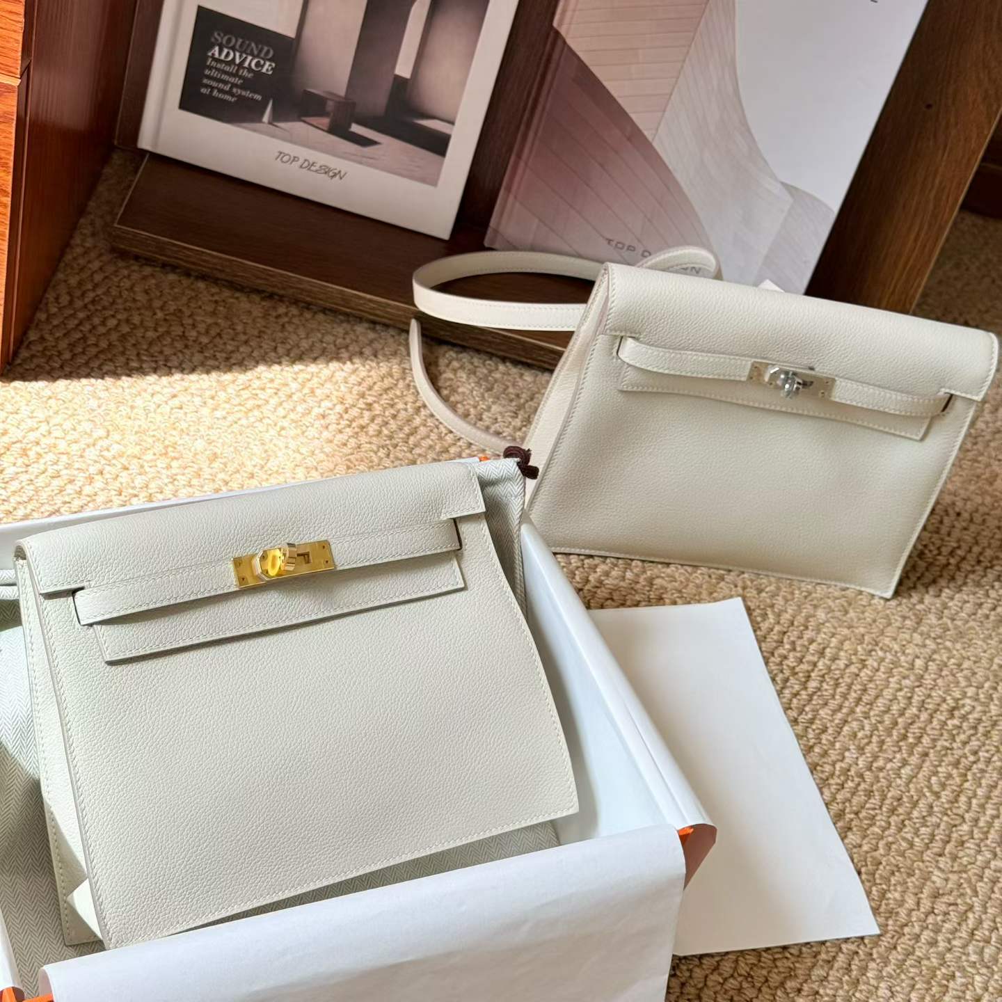 Hermès Kelly Danse White Evercolor Palladium Hardware/Gold Hardware