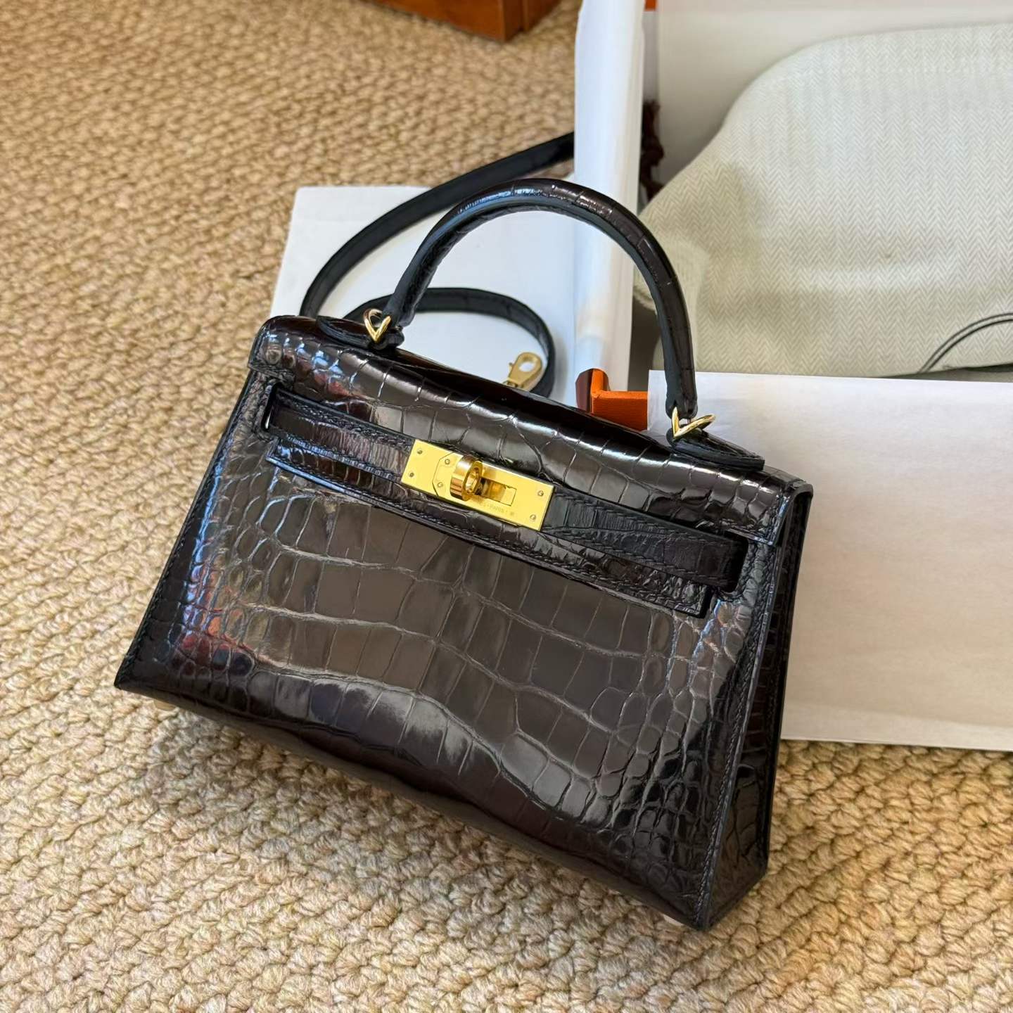 Hermès Kelly Mini II Black Shiny Niloticus Crocoidle Gold Hardware/Palladium Hardware