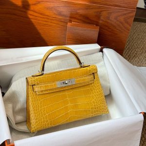 Hermès Kelly Mini II Amber Shiny Niloticus Crocodile Gold Hardware