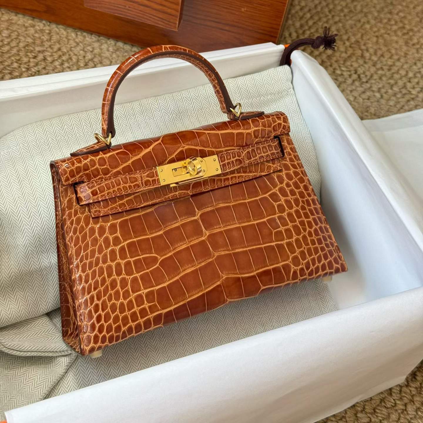 Hermès Kelly Mini II Miel Shiny Niloticus Croocidle Gold Hardware