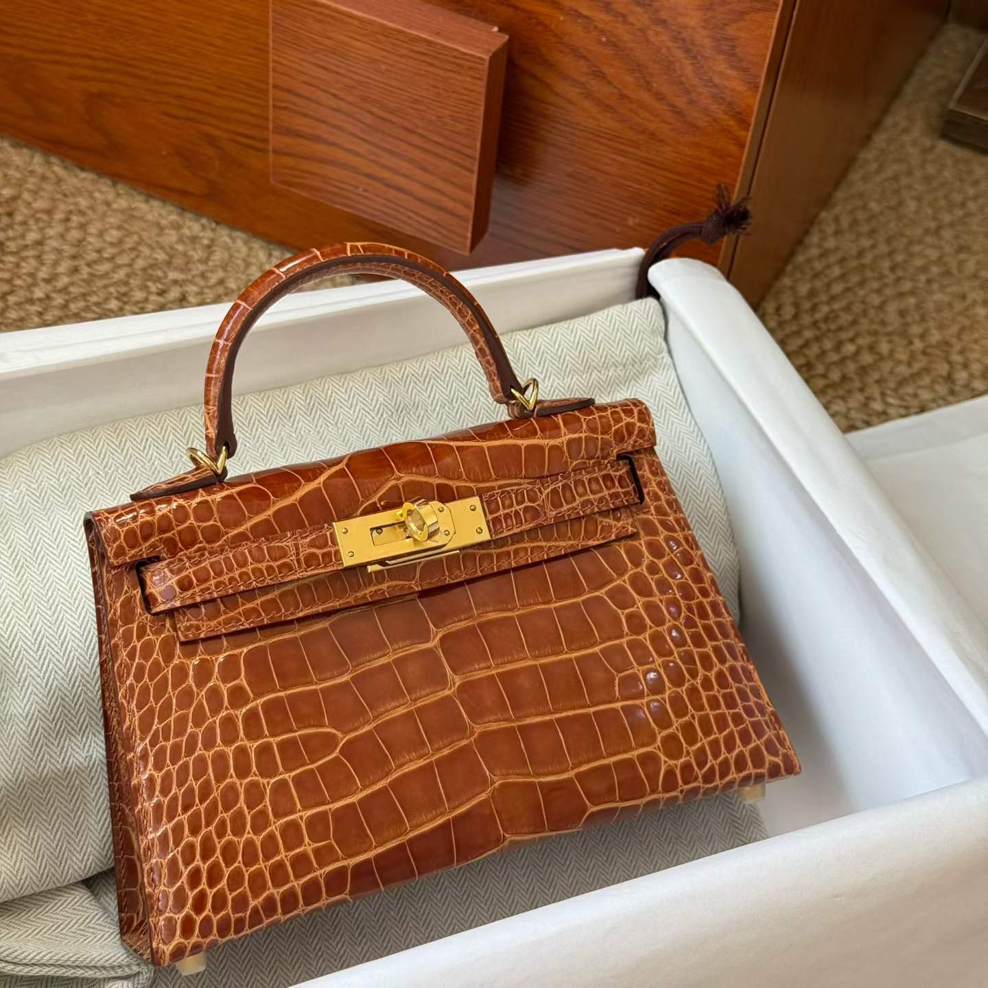 Hermès Kelly Mini II Miel Shiny Niloticus Croocidle Gold Hardware - Image 2