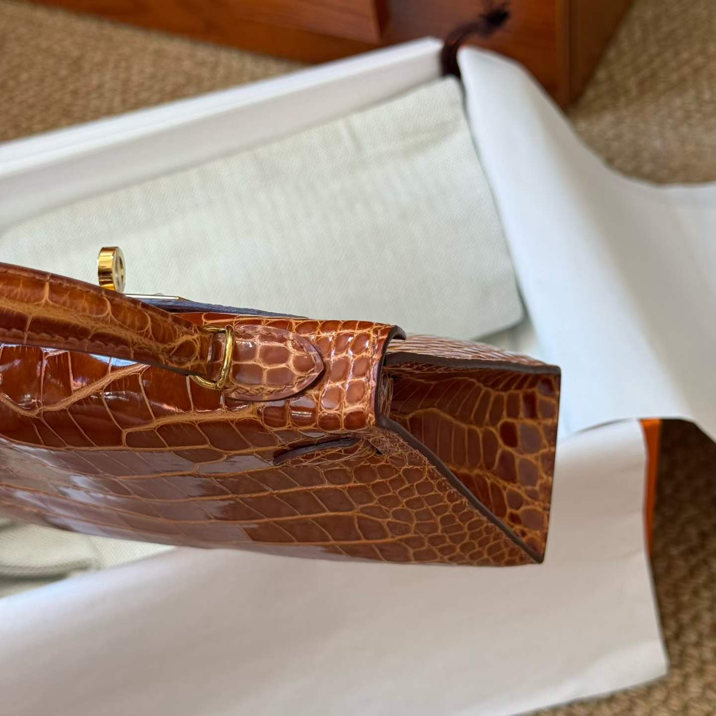 Hermès Kelly Mini II Miel Shiny Niloticus Croocidle Gold Hardware - Image 5