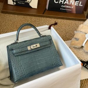 Hermès Kelly Mini II Blue Tempete Shiny Niloticus Crocodile Palladium Hardware