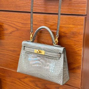 Hermès Kelly Mini II Gris Tourtelle Shiny Niloticus Croocidle Gold Hardware