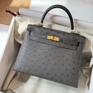Alternative view of Hermès Kelly 25 Gris Meyer Ostrich Gold Hardware