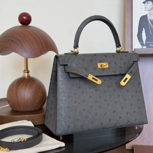 Hermès Kelly 25 Gris Meyer Ostrich Gold Hardware