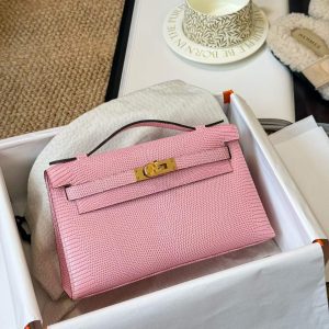 Hermès Kelly Pochette Rose Sakura Lizard Gold Hardware