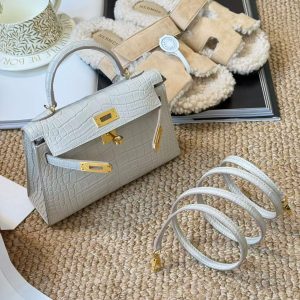 Alternative view of Hermès Kelly Mini II Beton Matte Aligator Crocodile Palladium Hardware