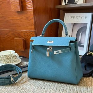 Alternative view of Hermès Kelly 25 Blue Jean Togo Palladium Hardware