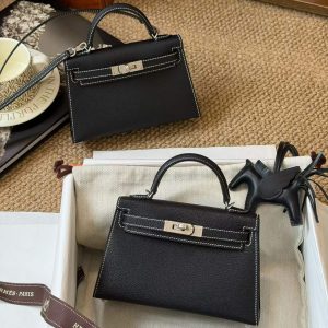 Hermès Kelly Mini II HSS Black-Amber White Stitches Cherve Palladium Hardware