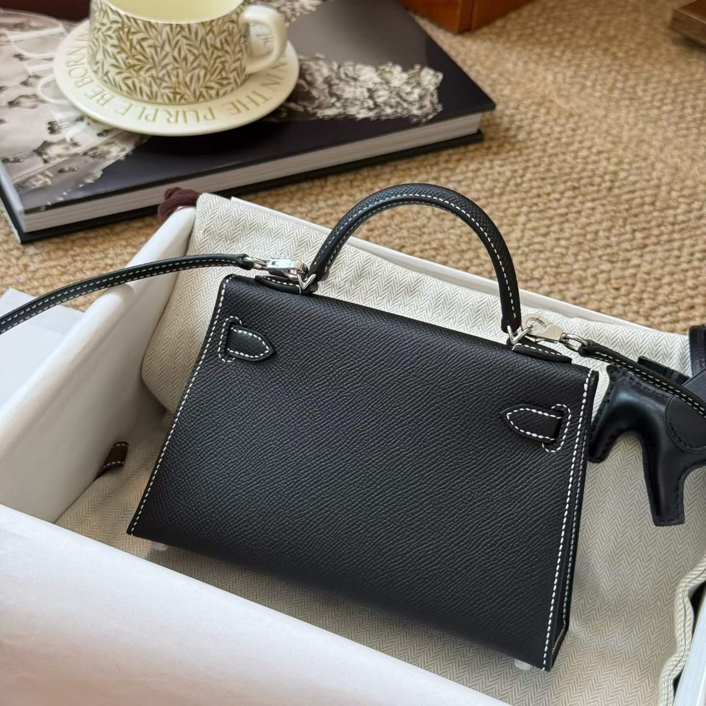 Hermès Kelly Mini II HSS Black White Epsom Stitches Palladium Hardware - Image 6