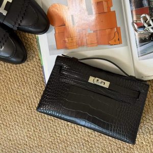 Hermès Kelly Pochette Black Matte Crocodile Palladium Hardware