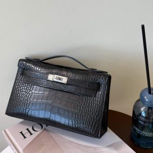 Alternative view of Hermès Kelly Pochette Black Matte Crocodile Palladium Hardware