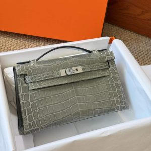 Hermès Kelly Pochette Graphite Shiny Crocodile Palladium Hardware