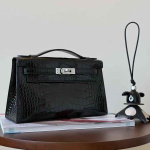 Hermès Kelly Pochette Black Shiny Crocodile Palladium Hardware