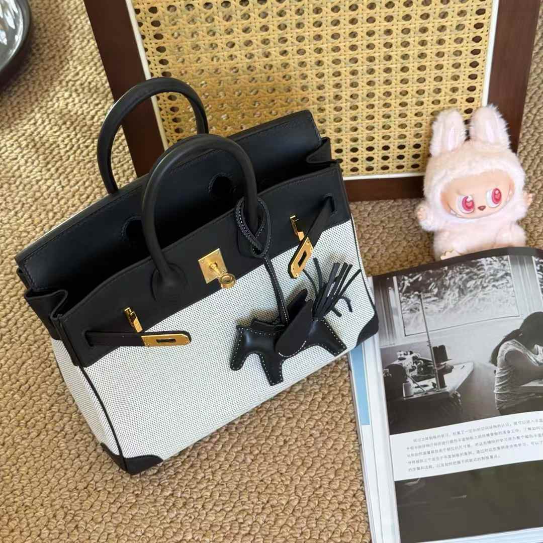 Hermès Birkin 25 Black Toile Palladium Hardware - Image 3